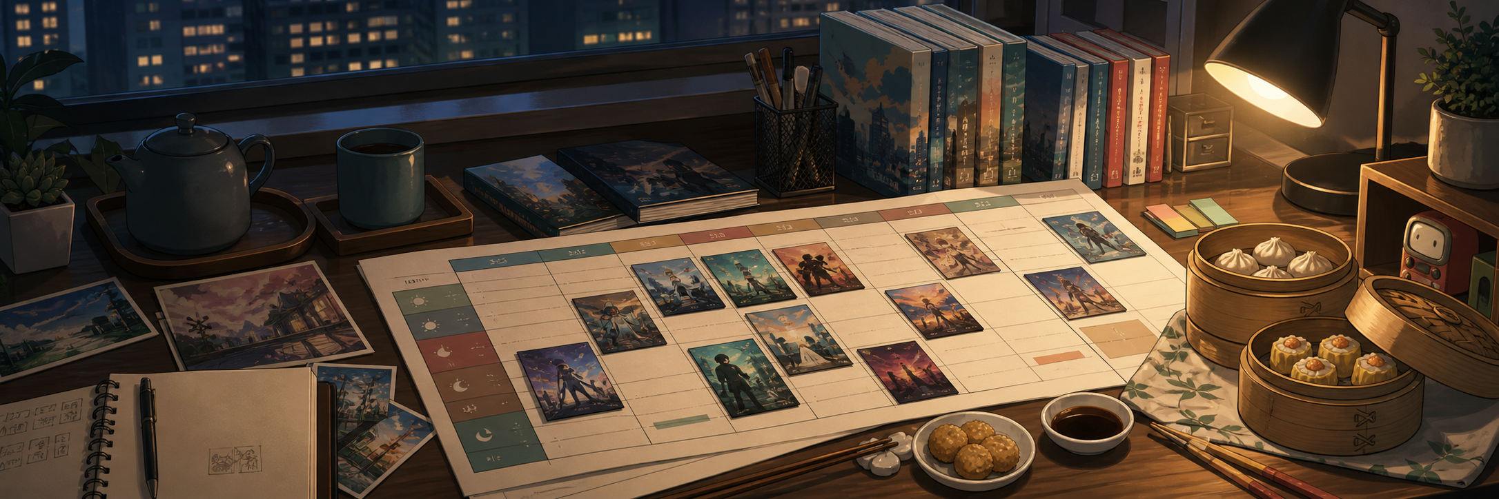 Cozy anime watch schedule desk with dim sum and programme guide